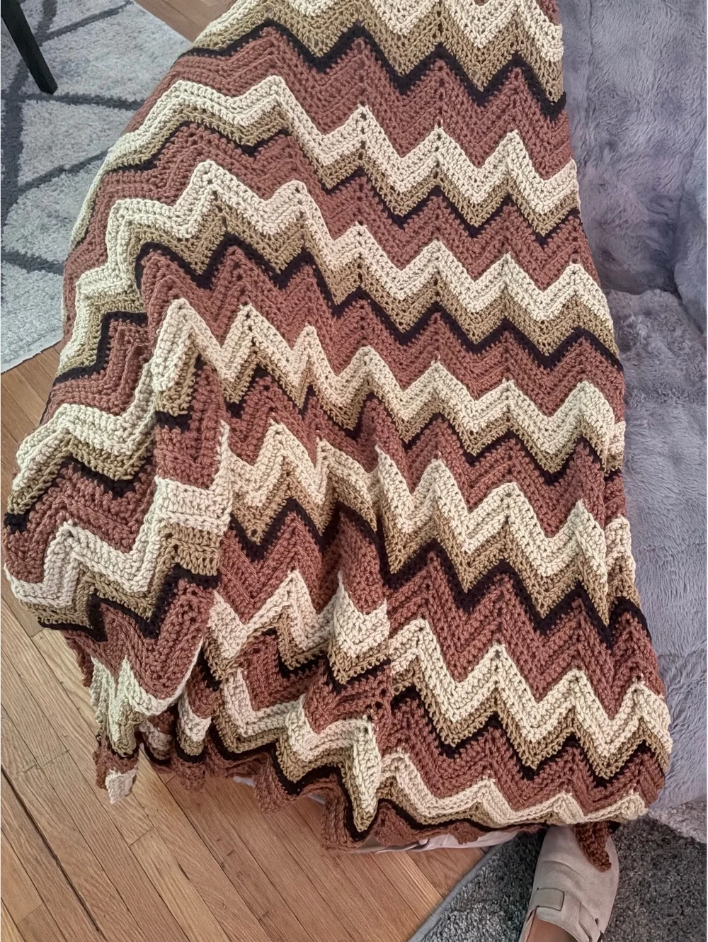 Hand Crocheted Chevron Afghan Throw Blanket Brown Cream Black 64” x 43” Handmade